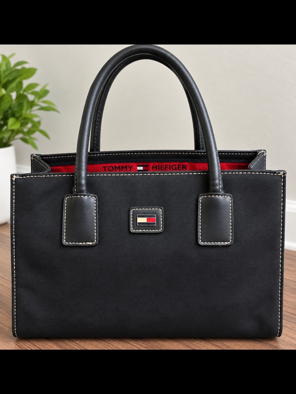 Tommy Hilfiger Black Handheld Tote with Red Interior Trim